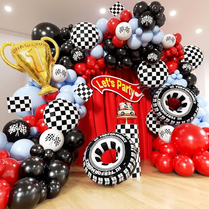 Race Car Balloons Arch Kit -162Pcs Trophy, Wheels and Red Black Blue Balloon by Unknown