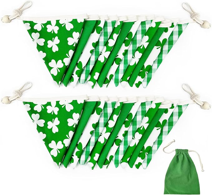 2 Sets of Shamrocks Nursery Garland 20Pcs Green Plaid Clover Pennant Banner - Image 3