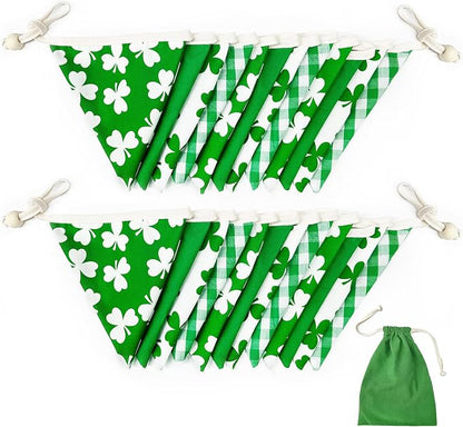 2 Sets of Shamrocks Nursery Garland 20Pcs Green Plaid Clover Pennant Banner - Image 3