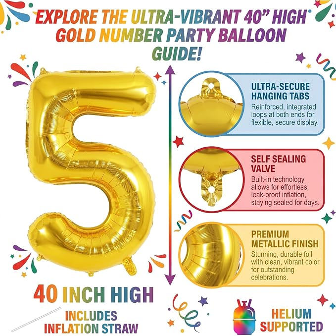 40 Inch Gold Number 5 Foil Balloon - Image 2