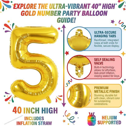 40 Inch Gold Number 5 Foil Balloon - Image 2