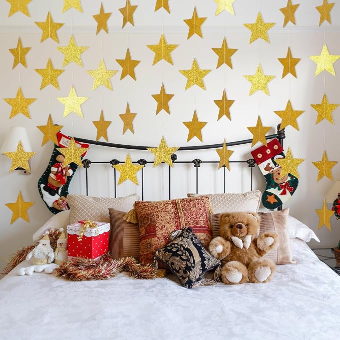 Spakon 65 Feet Glitter Star Paper Garland Banner Hanging Decoration Star - Image 6