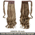 CJL HAIR 22" Long Ponytail Hair Extension Wrap Around Pony Tail Clip in Curly Wavy Synthetic Fake Hairpiece for Women Ash Medium Brown/Ash Blonde