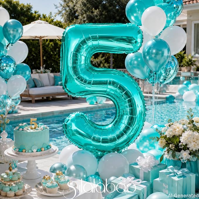 40 Inch Big Teal Blue Number 5 Foil 0-9 Mylar Helium Balloons | Large Digital - Image 2