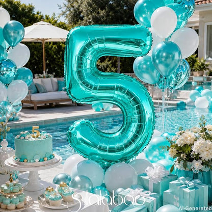 40 Inch Big Teal Blue Number 5 Foil 0-9 Mylar Helium Balloons | Large Digital - Image 2