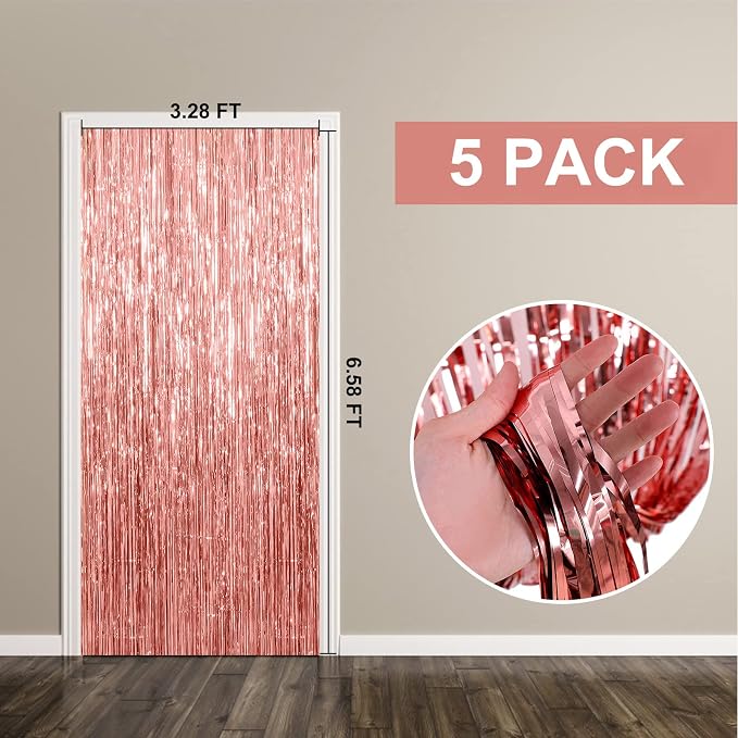 5 Pack Foil Curtain Backdrop Rose Gold Metallic Tinsel Foil Fringe Curtains - Image 7