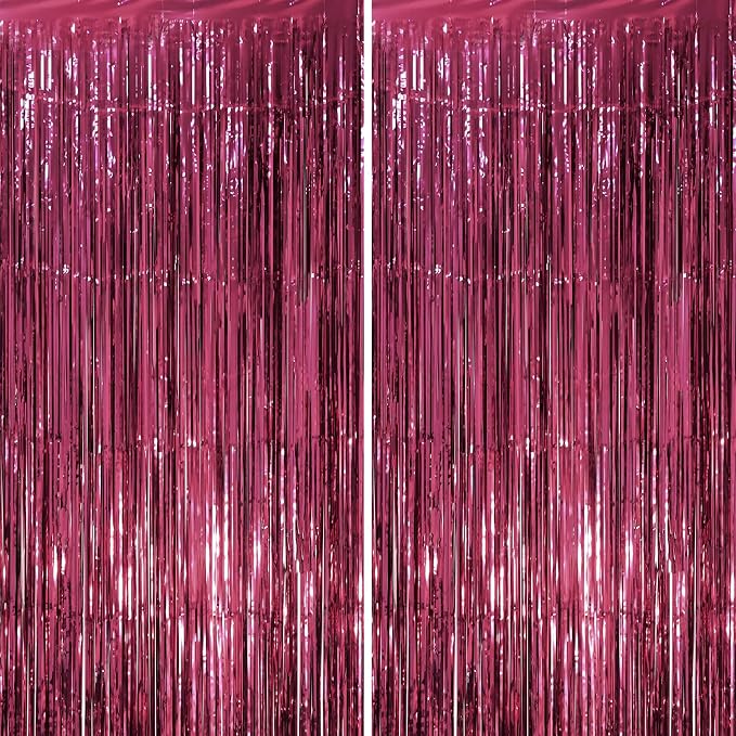 Voircoloria Burgundy Foil Fringe Backdrop Curtains, 2 Pack | Tinsel Streamers by Voircoloria