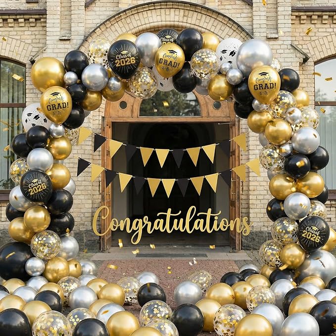 Black and Gold Graduation Balloons, 12 Inch Metallic Silver Gold Confetti Latex - Image 5