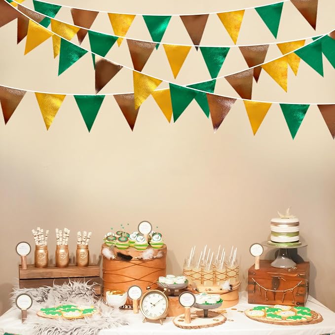 Green Gold Brown Metallic Fabric Triangle Pennant Banner Flag Bunting Garland - Image 4