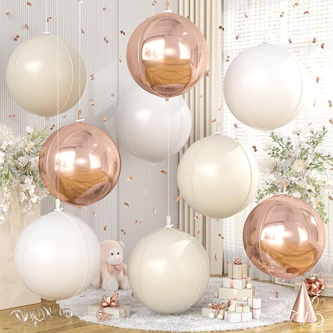 Cream White Gold Round Foil Balloons 9 pcs, Metallic Giant 4D Round Balloons 22 by Cledeco