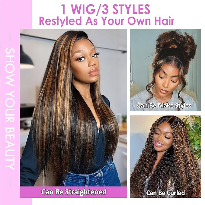 Highlight Ombre Lace Front Wigs Human Hair Body Wave 9x6 Lace Frontal Wigs Pre Plucked Colored 1B/30 Brown Highlight Wig 36 Inch Balayage Wigs Glueless Wigs Human Hair for Women