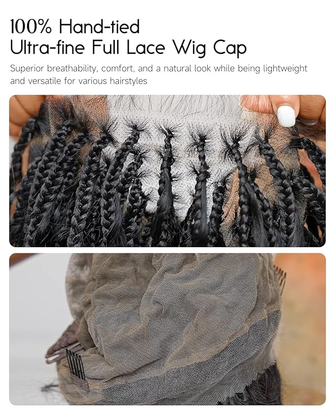 Human Hair Boho Curls Hand-Tied HD Full Lace Wig - 36" Salon-Level Small Box Synthetic Braids (79 Braids, Medium Density) Pre-Cut Swiss HD Lace, Pre-Plucked, Knotless, Tangle-Free - Black 1B