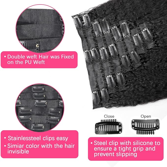 Seamless Clip In Hair Extensions Real Human Hair Invisible PU Weft Kinky Straight Clip Ins Human Hair Extensions 8pcs with 18Clips Per Set 120g(26inch,Natural Black)
