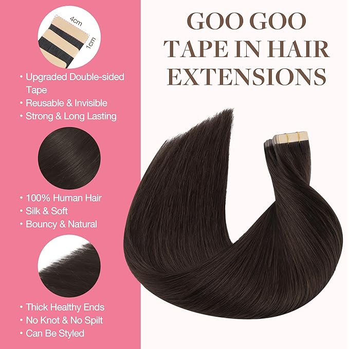 GOO GOO Tape in Hair Extensions Human Hair, 2A Light Brown, 18inch 25g 10pcs, Skin Weft Seamless Invisible, Silky Straight with Thick Ends, Remy Human Hair