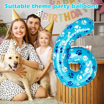 40 Inch Blue Dog Paw Birthday Balloons, Number 6 Balloons - Image 3