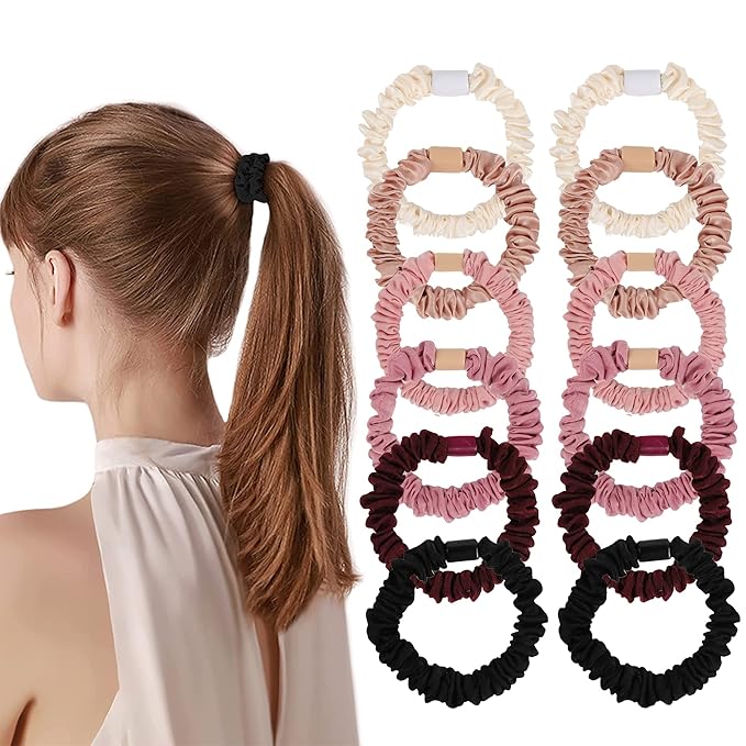 Hair Ties Satin Scrunchies - Small Mini Scrunchy for Women Thick Hair Accessories Cute Soft No Slip Hair Elastics Ponytail Holder for Curly Hair No Damage Hairties Gift for Girls