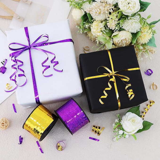 BEISHIDA 2 Pack 100 Yards Purple Gold Curling Crimped Glitter Ribbon Balloon - Image 6
