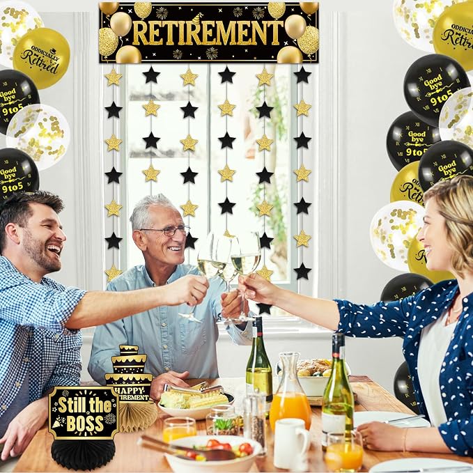 Blosssound Retirement Party Decoration Happy Black Gold Retirement Door Banner - Image 4