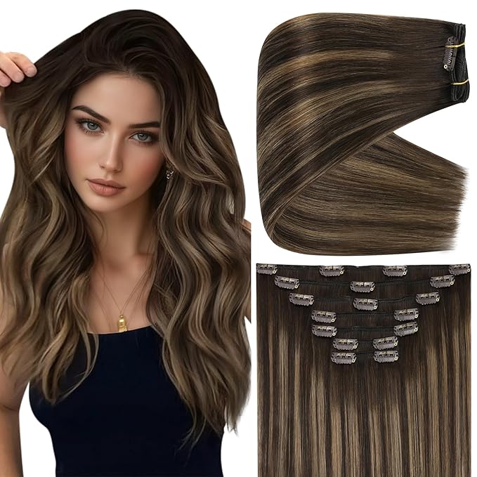 Full Shine Clip in Hair Extensions Balayage 135 G Thick Hair Extensions Clip ins Straight Dark Brown to Light Brown Remy Hair for Volume 18 Inch 7 Pcs