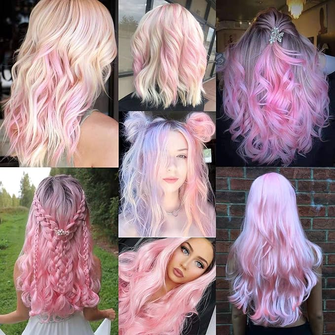 Colored Hair Extensions Clip in, Light Pink 10 Pieces 22 Inch, for Kids Girls Women Play Highlights, Synthetic