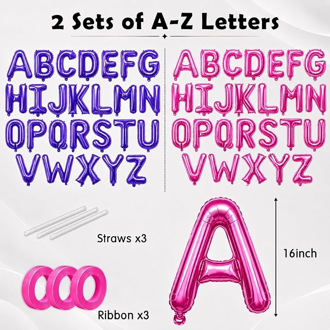 52 Pcs Letter Balloons Hot Pink Purple Balloon Banner 16 Inch 2 Sets A- Z - Image 2