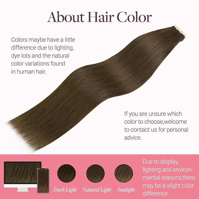 GOO GOO Tape in Hair Extensions Human Hair, #4H Light Chocolate Brown, 16inch 50g 20pcs, Skin Weft Seamless Invisible, Silky Straight with Thick Ends, Remy Human Hair