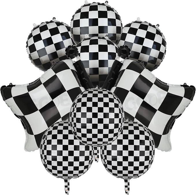 Black and White Checkered Balloons 9 Pcs 4D Checker Chequered Flag Balloon | by GGDE