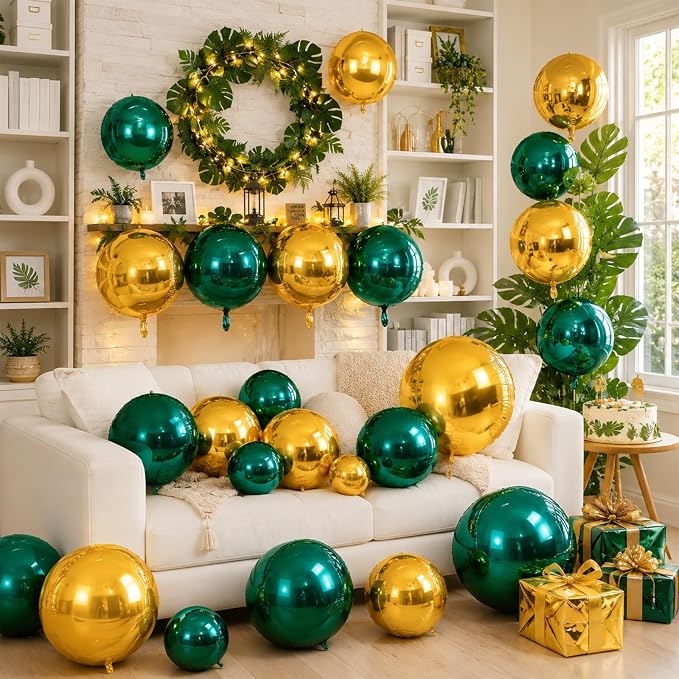 Biapian Green and Gold Round Balloons Foil, Metallic Gold Blue Large Balloons - Image 4