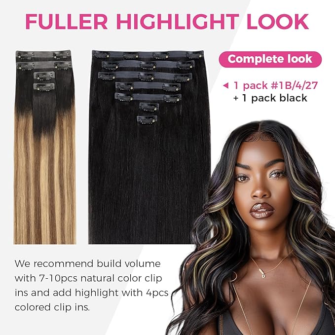 Lashey Seamless Clip in Hair Extensions Human Hair Ombre Balayage Ash Brown Highlighted Honey Blonde with Natural Black Dark Roots Hair Extensions Real Human Hair 43g 4pcs 16 Inch Straight Clip ins