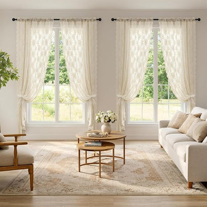 MIULEE Vintage Floral Scalloped Lace Curtains 2 Panels, Cream 52" W x 72" L | - Image 2