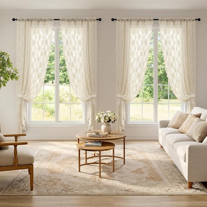 MIULEE Vintage Floral Scalloped Lace Curtains 2 Panels, Cream 52" W x 45" L | - Image 2