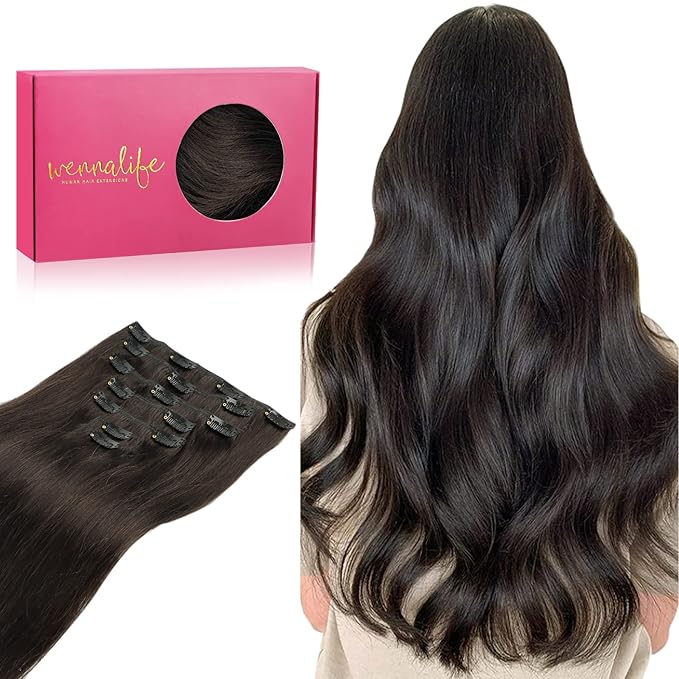 WENNALIFE Clip in Hair Extensions Real Human Hair, 16 Inch 120g 7pcs Dark Brown Hair Extensions Clip In Human Hair Remy Clip in Hair Extensions Real Human Hair Double Weft