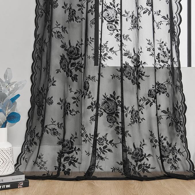 SEEKRIGHT Black Sheer Lace Curtains 96 Inches Long 2 Panels Gothic Floral - Image 6
