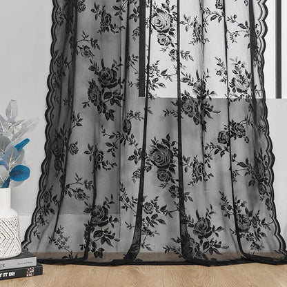 SEEKRIGHT Black Sheer Lace Curtains 96 Inches Long 2 Panels Gothic Floral - Image 6