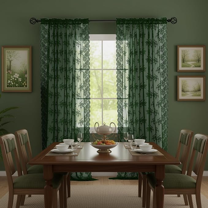 Kotile Hunter Green Sheer Curtains 80 Inches Long 2 Panels Country Rustic - Image 4