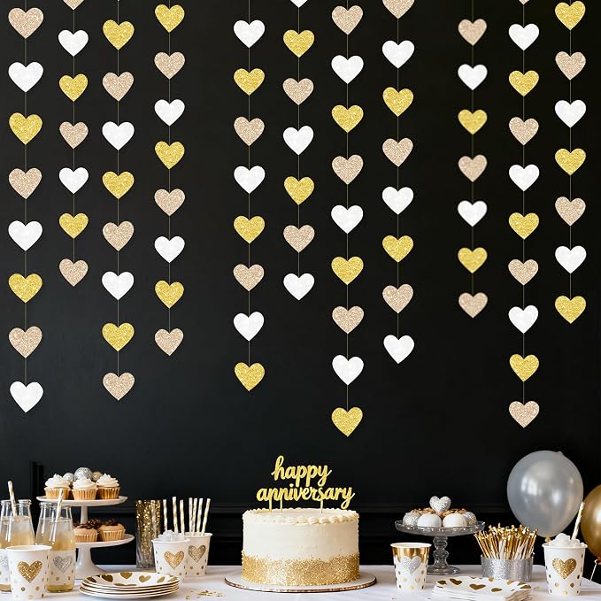 Heart Party Decorations Glitter Gold Champagne Gold White Paper Love Heart - Image 6