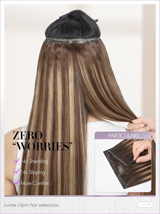 LUVME Clip in Hair Extensions, Straight Seamless 24 Inch 70g 4Pcs Chestnut Brown, 100% Real Remy Human Hair, Soft Natural Full Max Invisible Comfortable Hair Extensions for Women