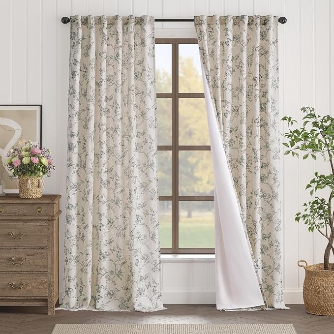 Grey Floral Linen Lined Curtains Rod Pocket 50W X 96L 2 Panels | Charlotte - Image 2