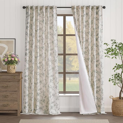 Grey Floral Linen Lined Curtains Rod Pocket 50W X 96L 2 Panels | Charlotte - Image 2