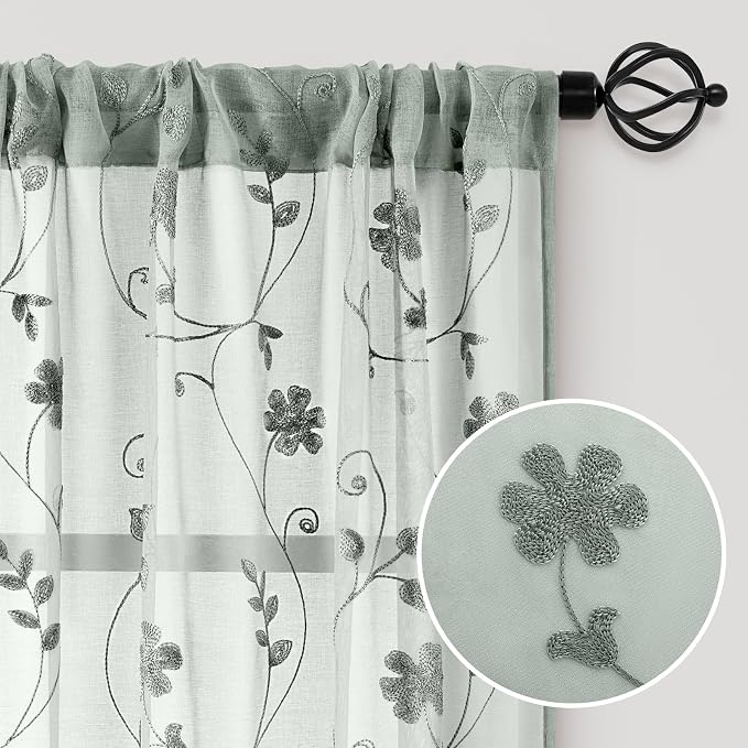 HOMEIDEAS Sage Green Sheer Curtains 63 Inches Length 2 Panels Embroidered - Image 4