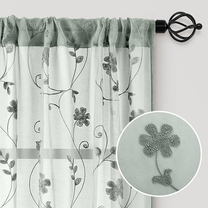 HOMEIDEAS Sage Green Sheer Curtains 63 Inches Length 2 Panels Embroidered - Image 4