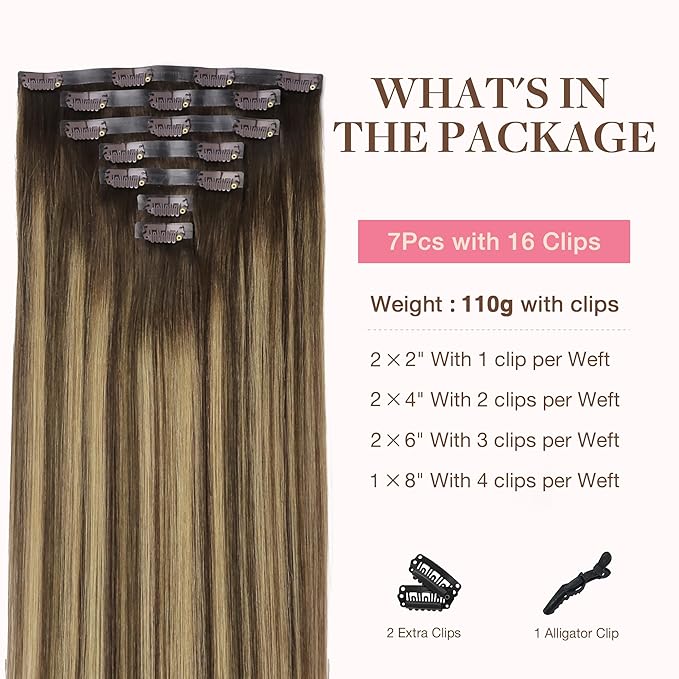 GOO GOO Clip in Hair Extensions Real Human Hair, Remy Human Hair Extensions Clip ins for Women, Natural Human Hair, 24inch 140g 7Pcs, #4/27/4 Balayage Chocolate Brown to Caramel Blonde
