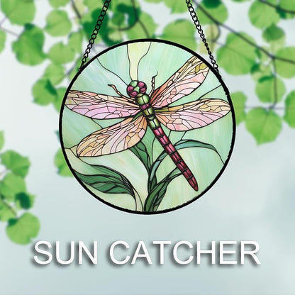 DASTOLL Stained Glass Window Hanging 4 Pcs Set Pink Green Insect Theme 6.3" - Image 5