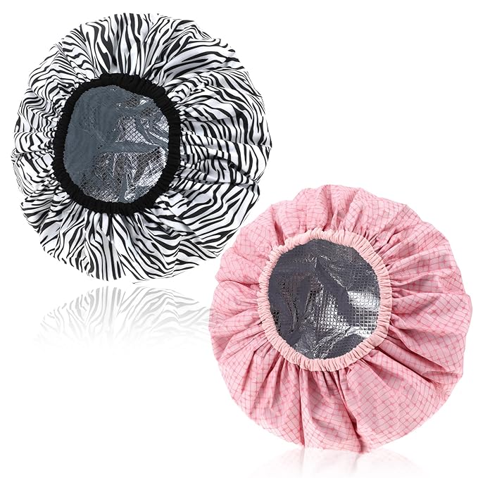2 Pcs Double Layer Deep Conditioning Cap, Aluminum Foil Hair Heat Cap Reusable Shower Caps Steam Caps for Hair Treatments Home and Salon Use(Pink+Striped)