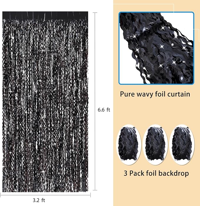 3 Pack New Years Decorations Wavy Black Tinsel Foil Fringe Curtains Party - Image 3