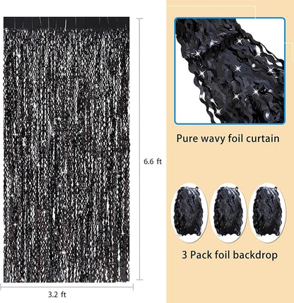 3 Pack New Years Decorations Wavy Black Tinsel Foil Fringe Curtains Party - Image 3