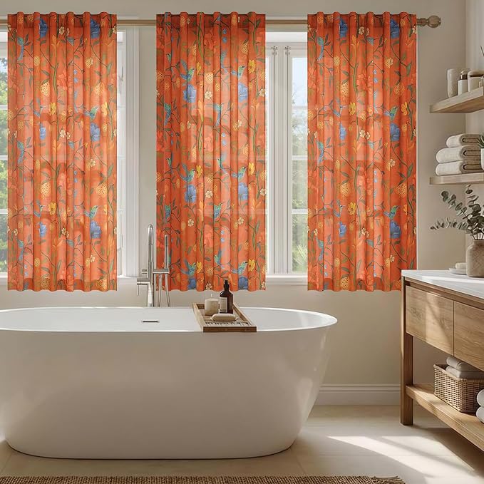54 Inch Boho Floral Curtains Tropical Bird Print Linen Semi Sheer Window Drapes - Image 8