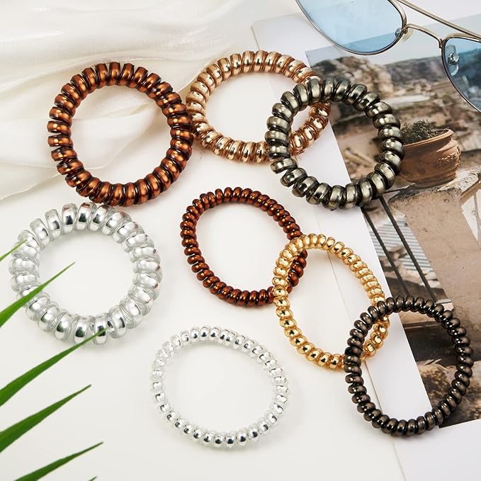 Metallic Luster Spiral Hair Ties (8 Pcs), Coil Ponytail Holders for Thick and All Hair Types, No Crease Phone Cord Design with Plastic Spiral
