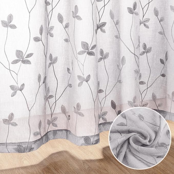HOMEIDEAS Grey Sheer Curtains 2 Panels, Embroidered Vine Leaf, W52xL63 | Faux - Image 7