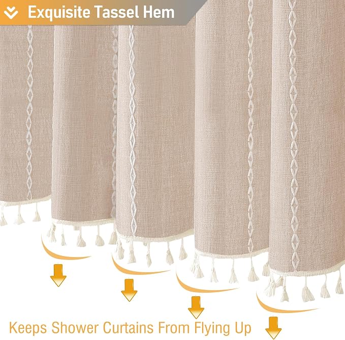 Tan Cream Boho Farmhouse Linen Heavy Duty Shower Curtain, 72x72 | 330GSM Linen - Image 6